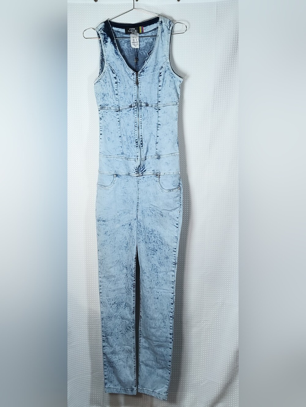 Light Blue Acid-Wash Denim Sleeveless Zip-Front Jumpsuit Butt Lift. Tall 13 / 12
